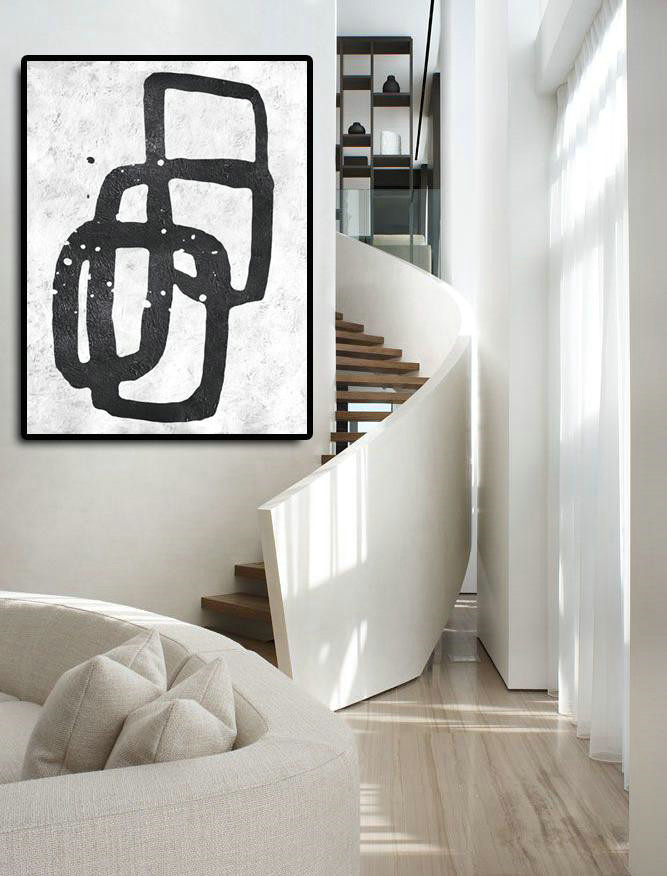 Modern Wall Art,Black And White Minimal Painting On Canvas - Modern Paintings